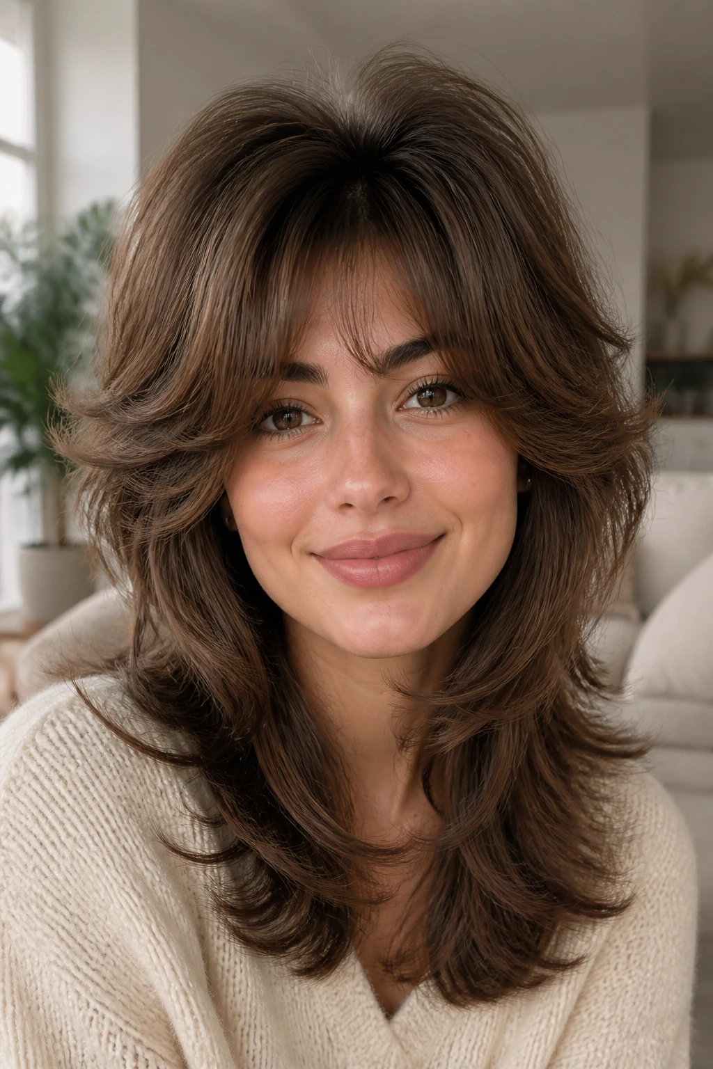 Close-up portrait of a real person with a high-volume feathered cut and arched bangs in warm window light