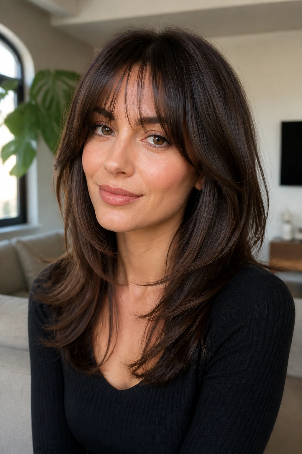 Medium close-up of a real woman with a sleek feathered cut and bottleneck bangs in a bright living room