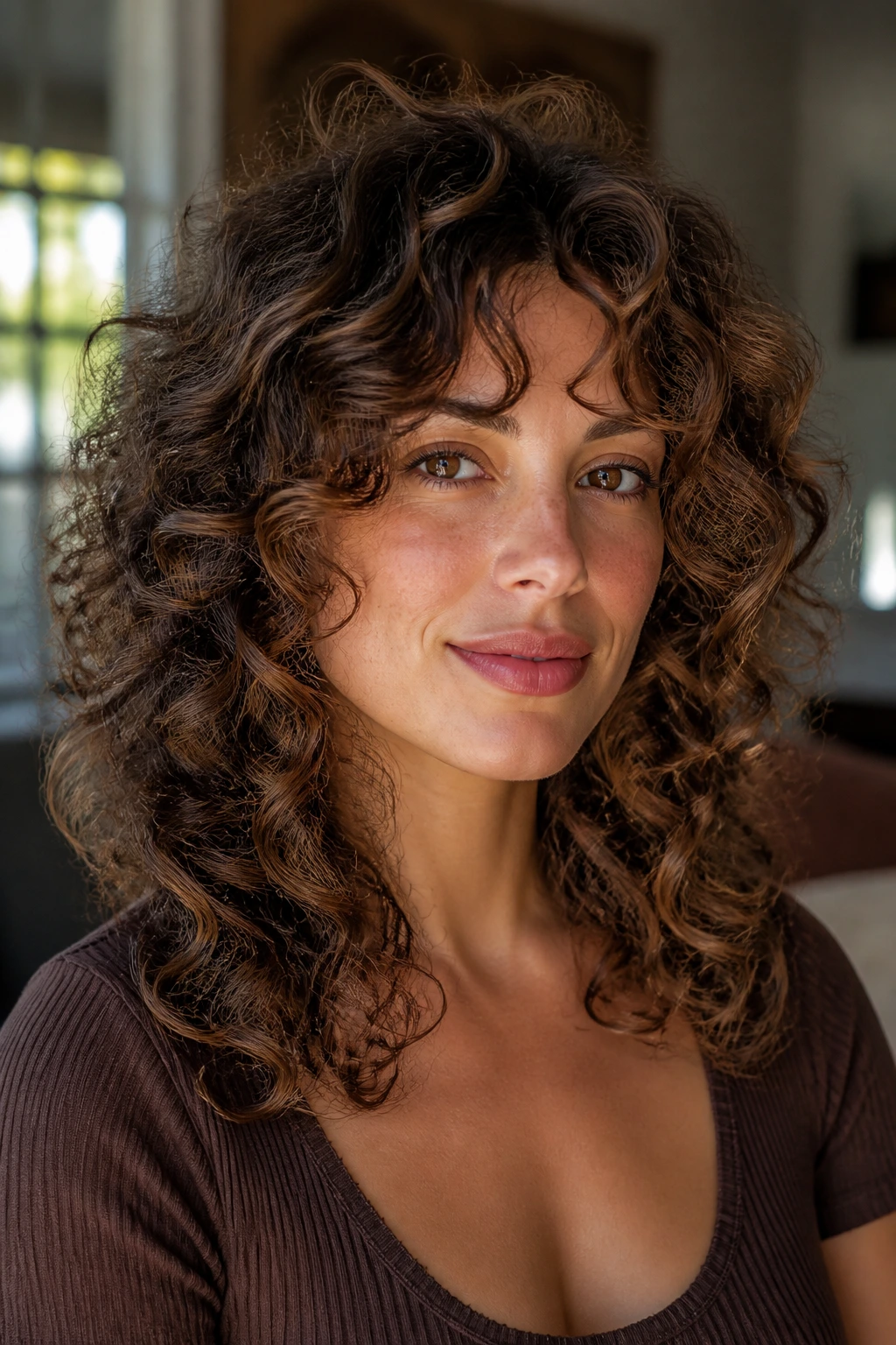 Close-up of real woman with curly feathered cut showing halo of movement around face