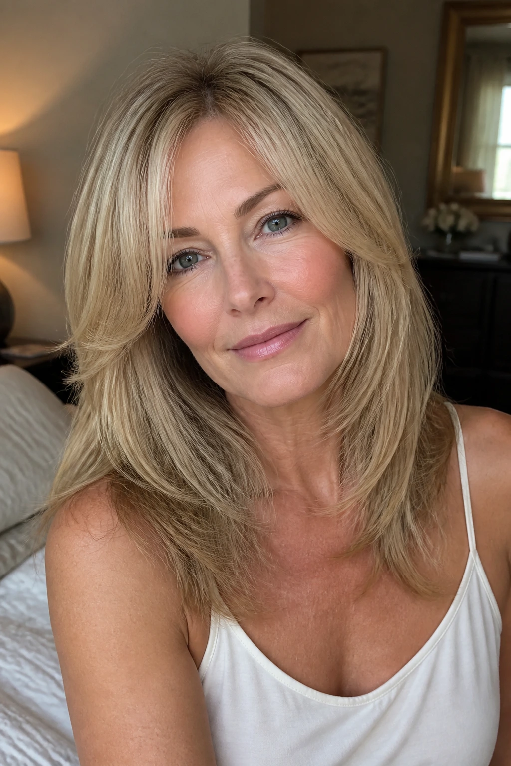 Close-up portrait of a real woman with feathered cut for fine hair, soft layers around face