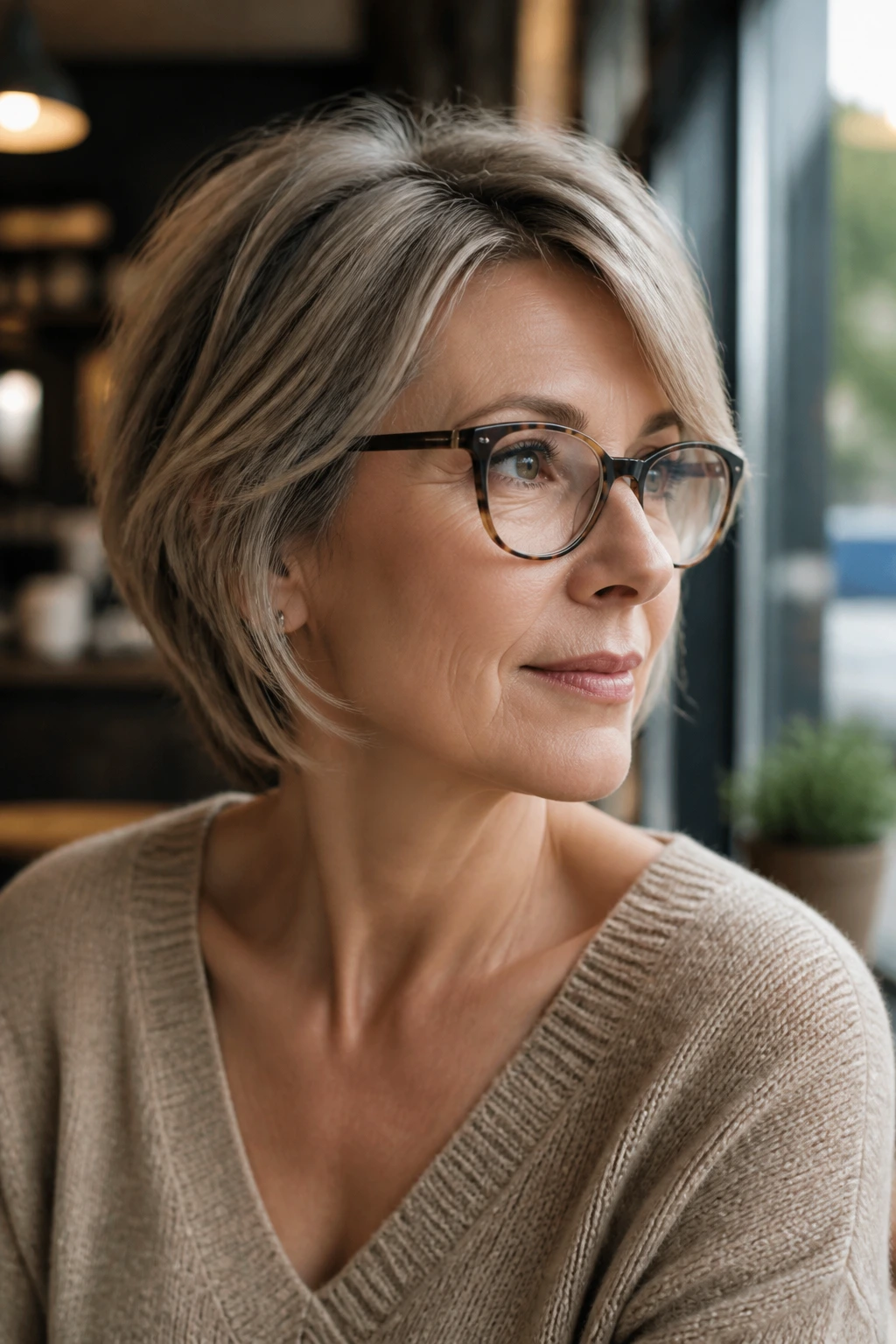 Close-up of real woman with feathered cut leaving room for glasses