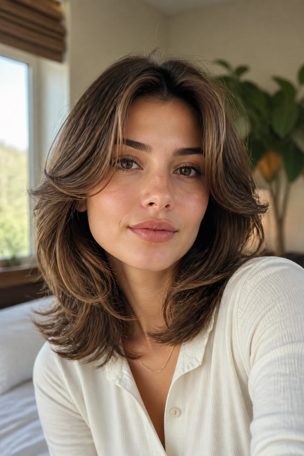 Close-up portrait of a real woman with feathered shoulder-length cut and soft movement in natural window light