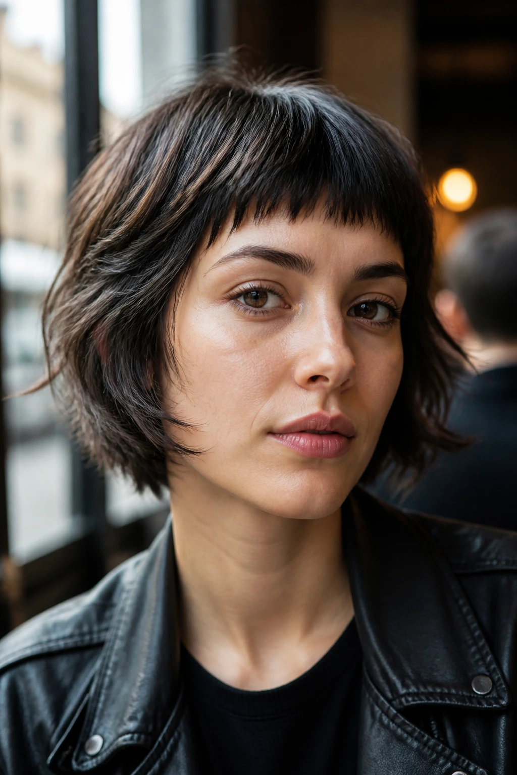 Close-up portrait showing feathered cut with micro bangs on a real person