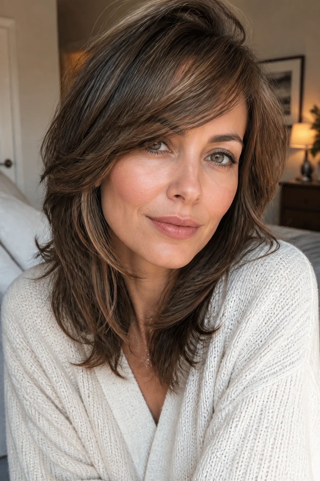 Close-up of real woman with feathered cut and side bangs sweeping across forehead