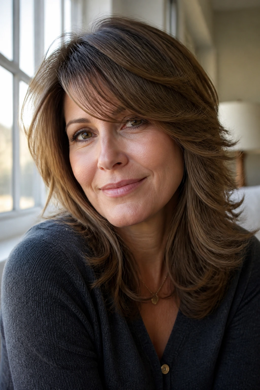 Portrait of a woman with feathered cut and side-swept bangs.
