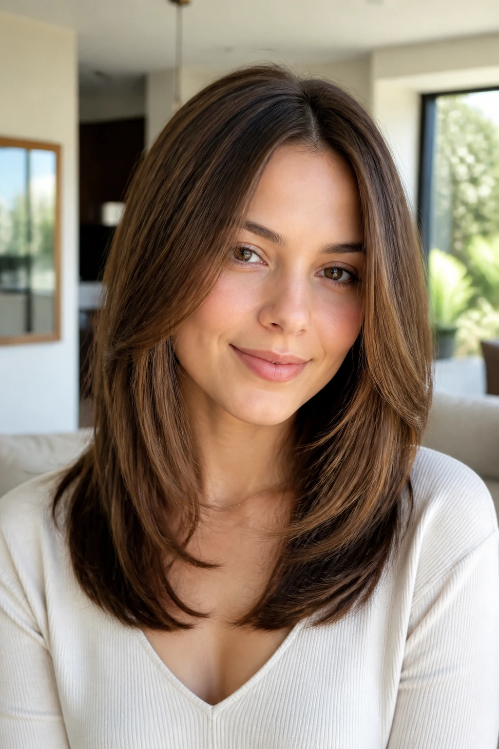 Close-up portrait of real woman with feathered cut for straight hair and center part
