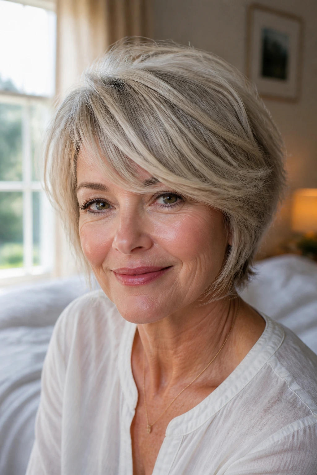 Close-up of a real woman with a swooping bang feathered cut, soft diagonal fringe.