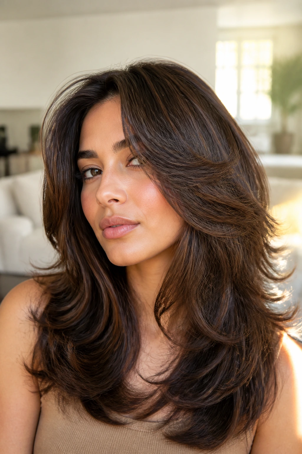 Close-up portrait of a real woman with feathered cut for thick hair showing inner shaping