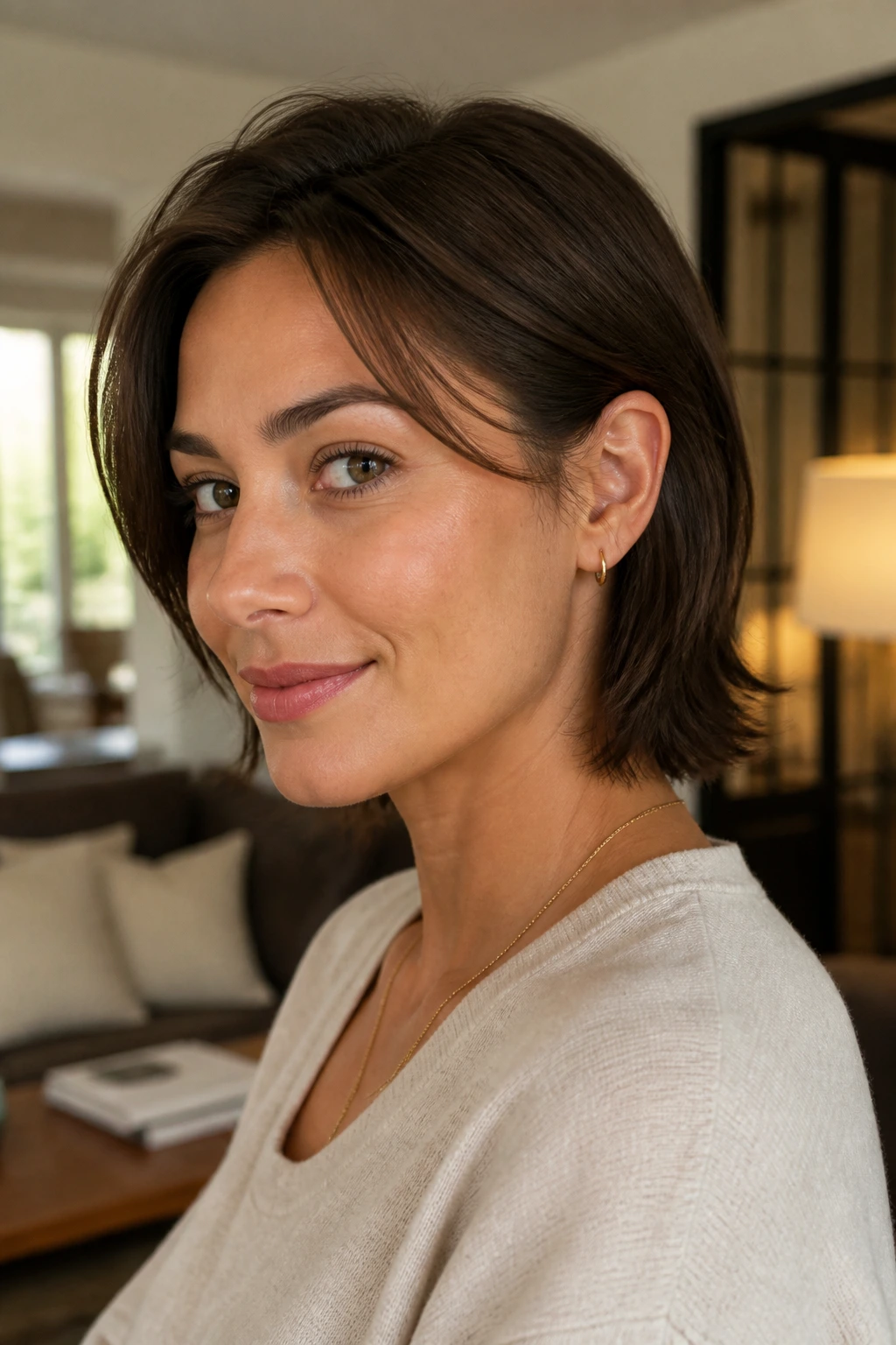 Real woman with feathered cut tucked behind the ear in a warmly lit living room
