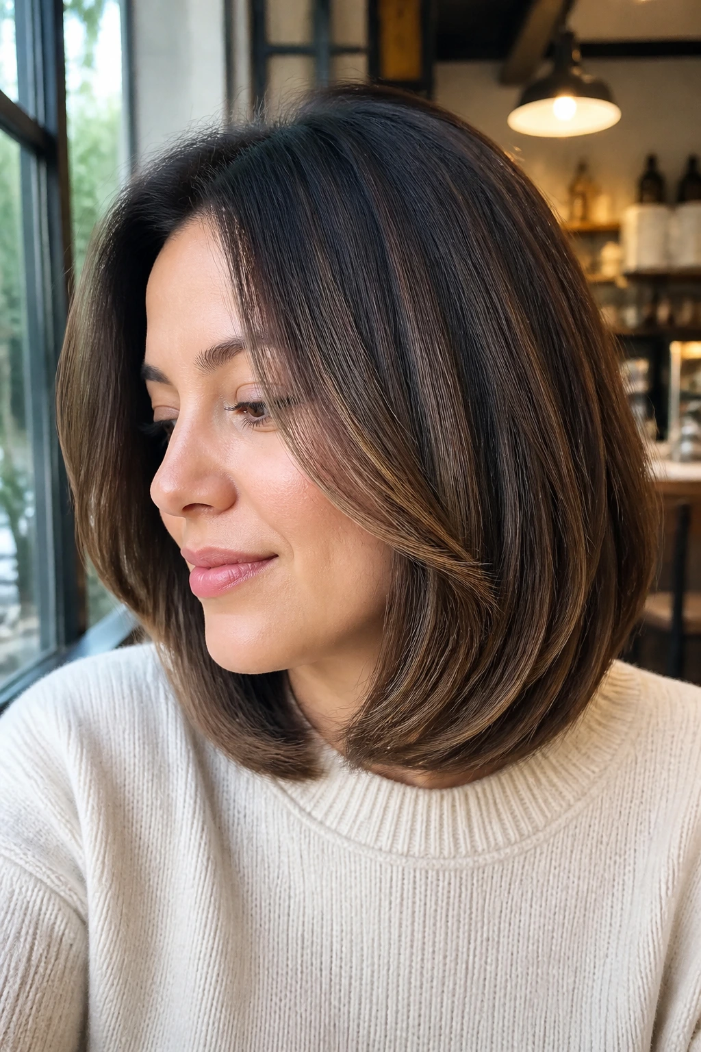Close-up of real woman with feathered cut and tucked ends