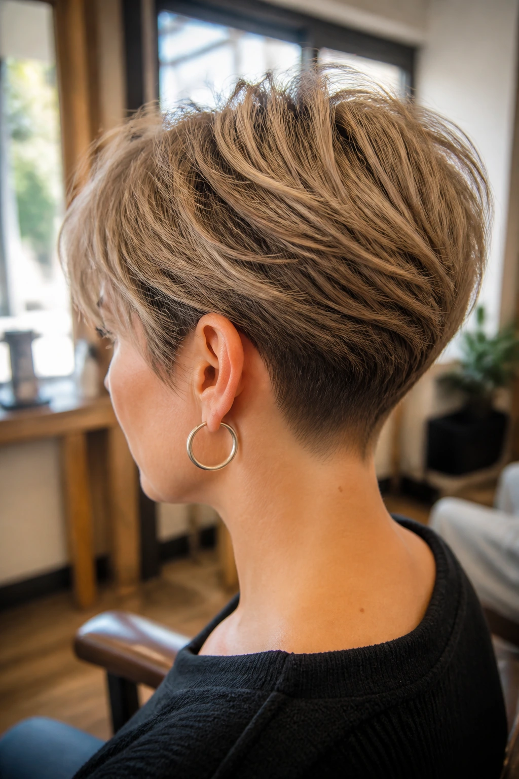 Close-up of a real woman with a tapered feathered cut and hidden undercut at the nape