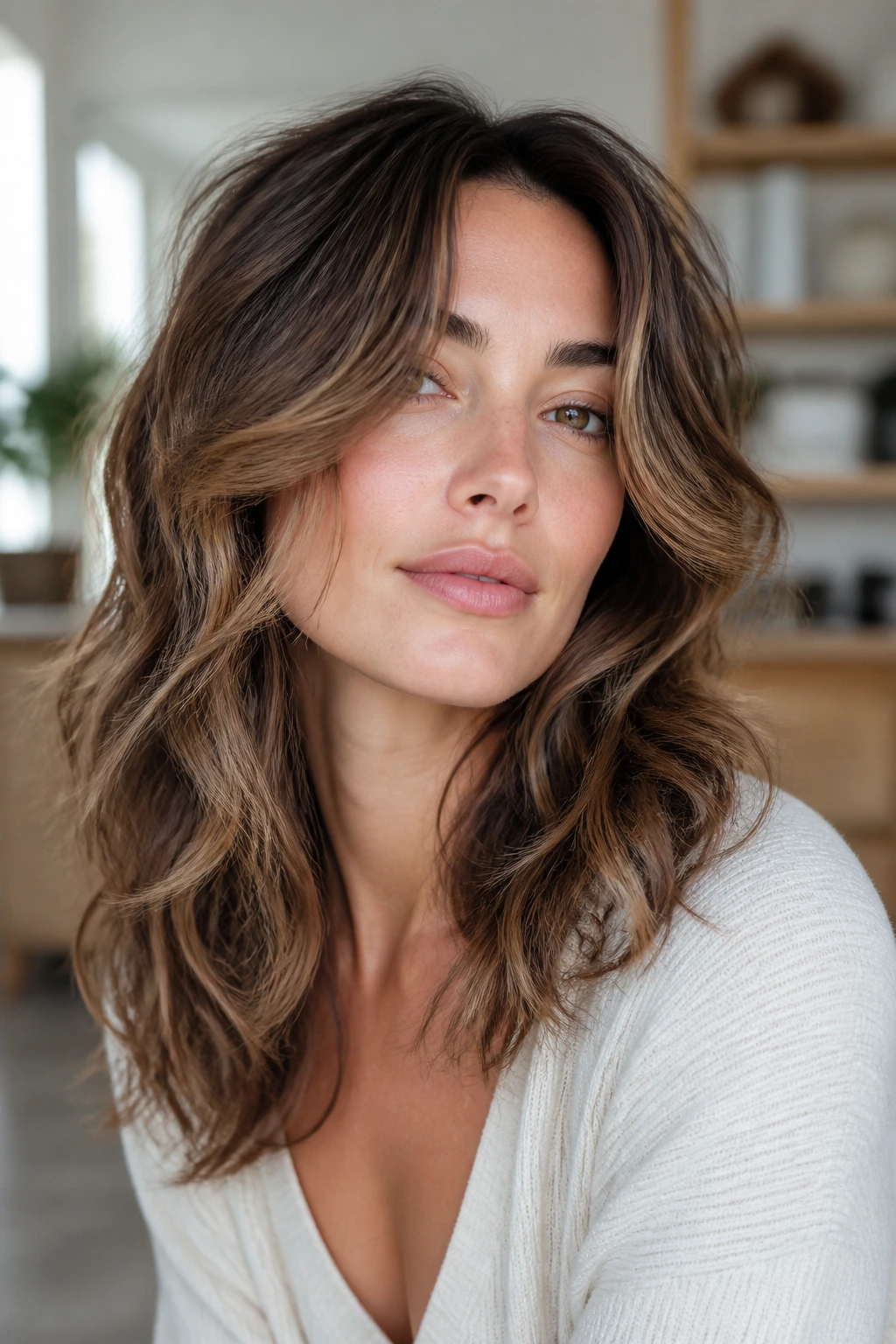 Portrait of a person with a feathered cut enhancing natural waves in a sunlit room