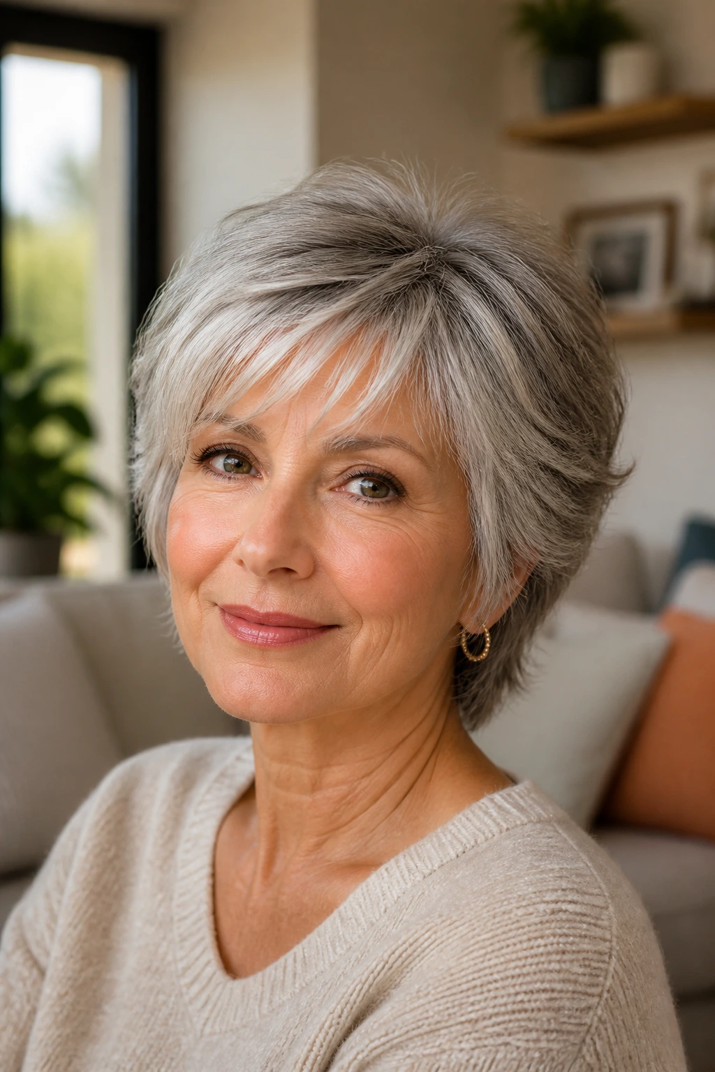 Close-up of real woman with feathered cuts showing crown lift and soft edges