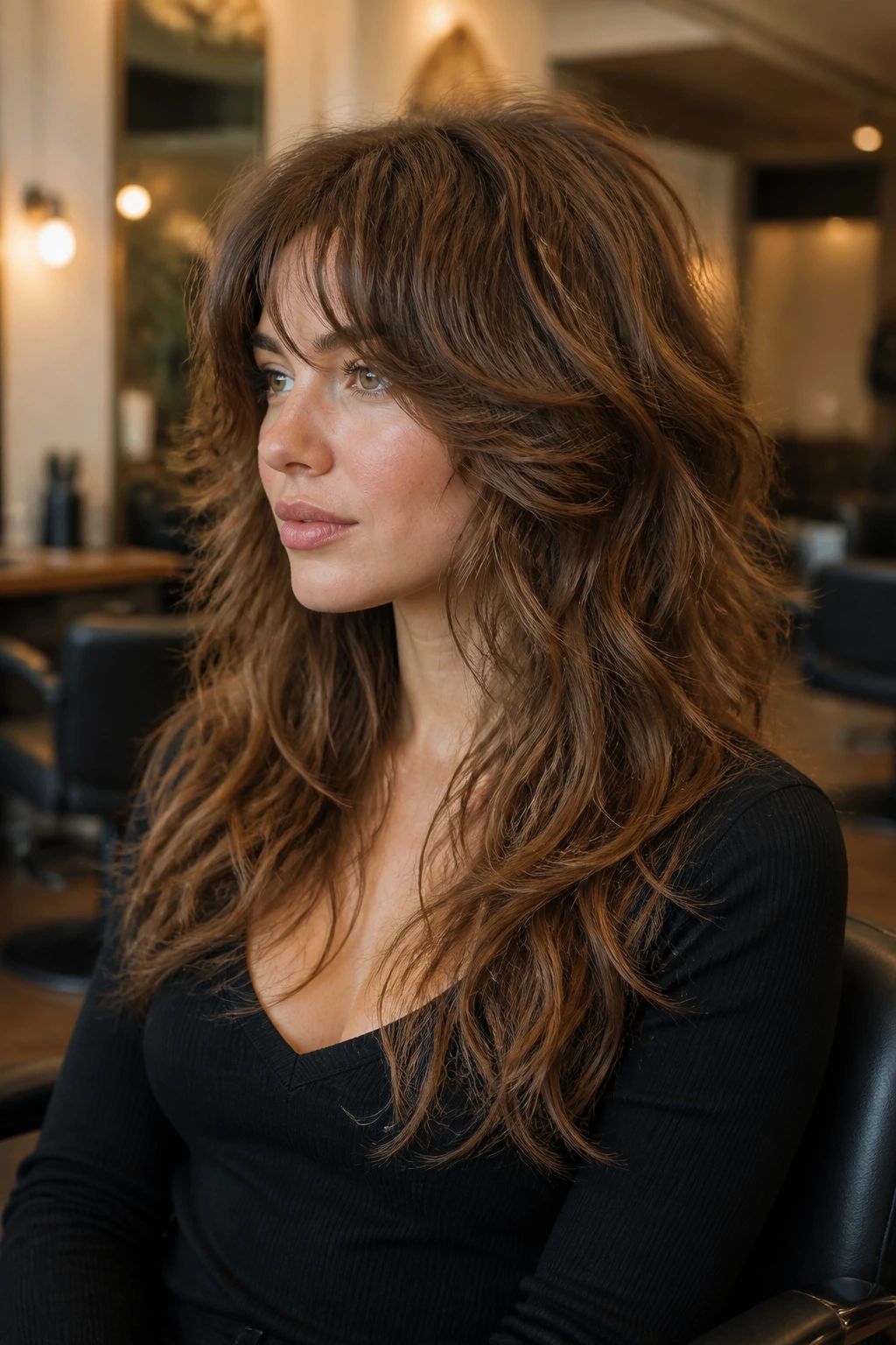 Portrait of a real person with feathered edge wolf hairstyle and soft ends in a salon setting