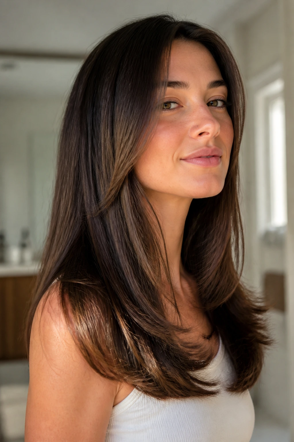 Close-up of a real woman with feathered end cut on thick straight hair