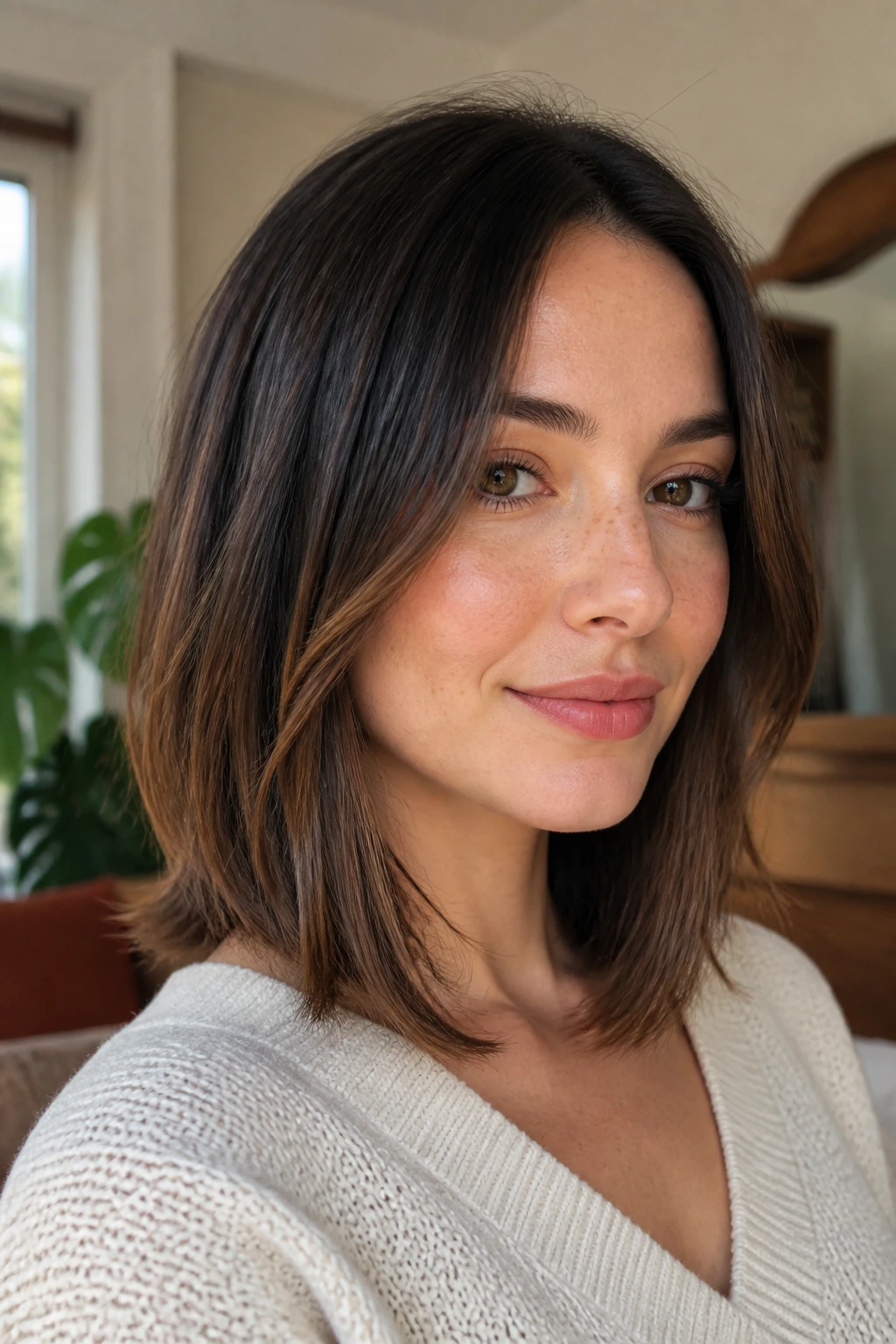 Close-up of a real woman with feathered-end lob showing subtle taper