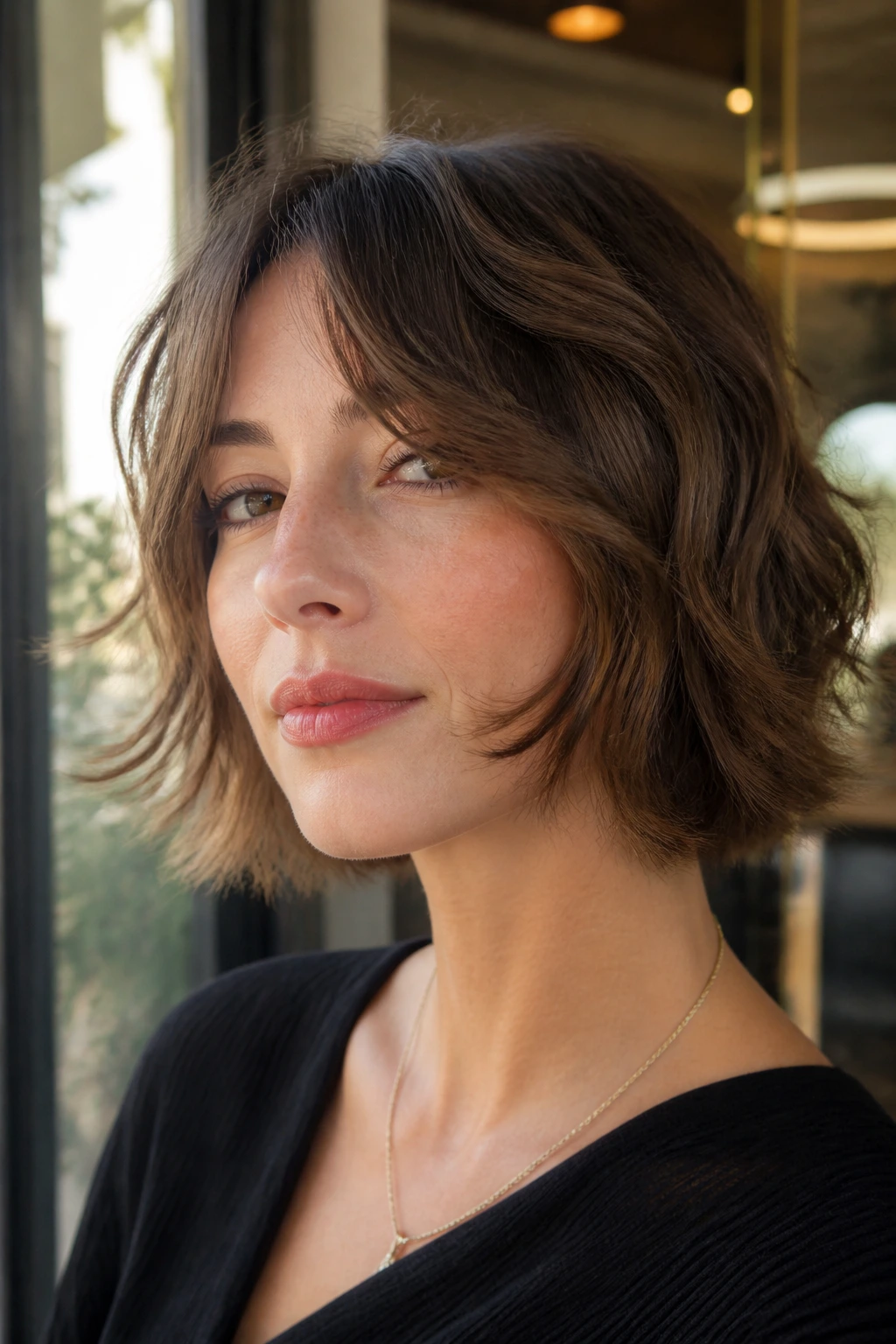 Close-up of a real woman with a feathered ends bob in natural daylight