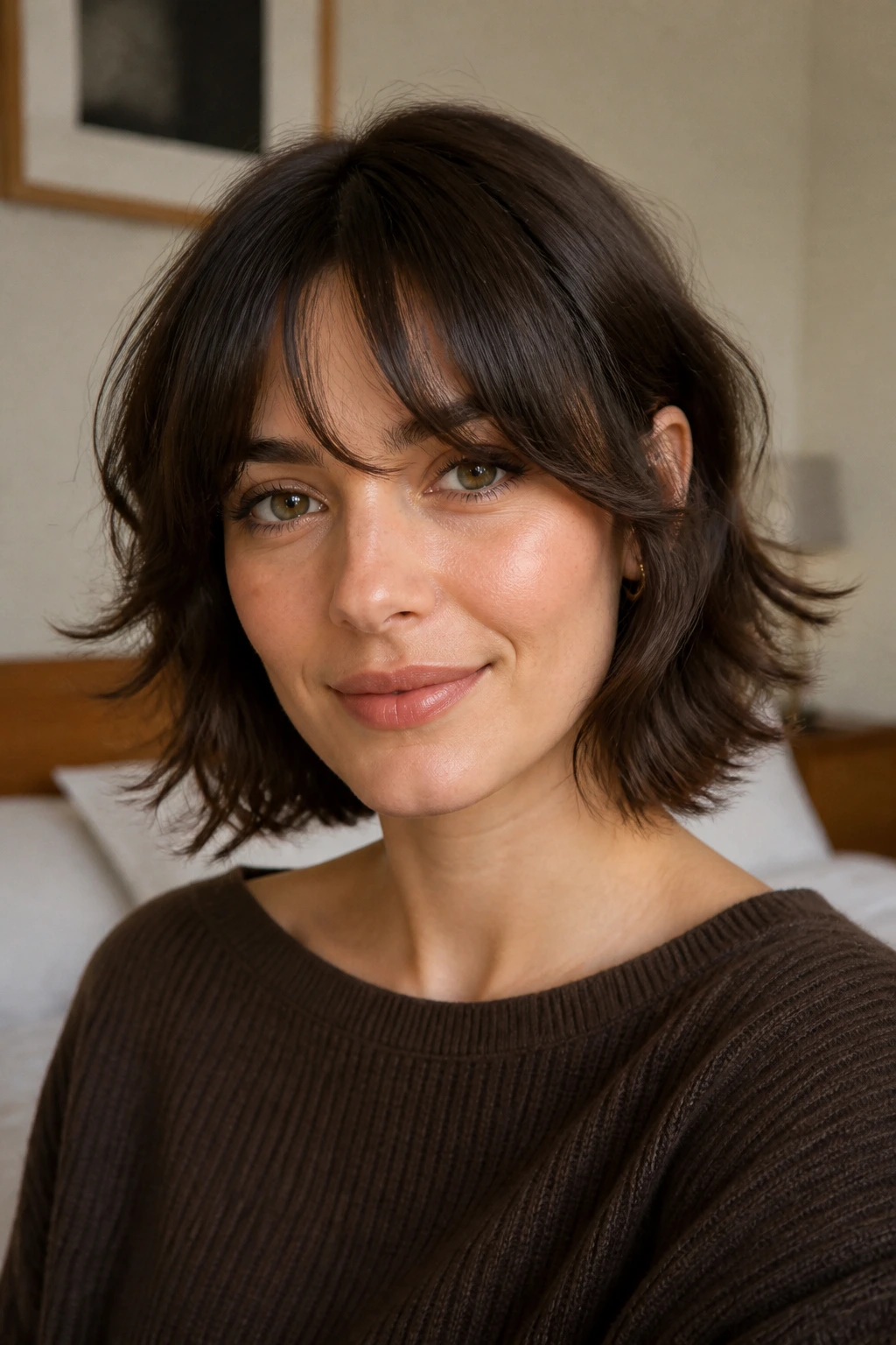 Brunette with bottleneck bangs and feathered ends portrait in warm bedroom light.