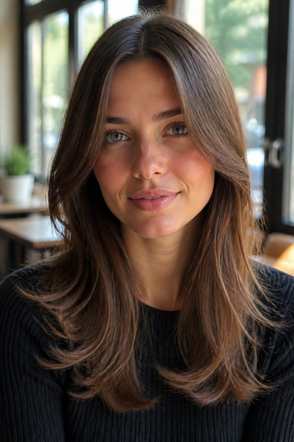 Portrait of a real person with a center part and feathered ends