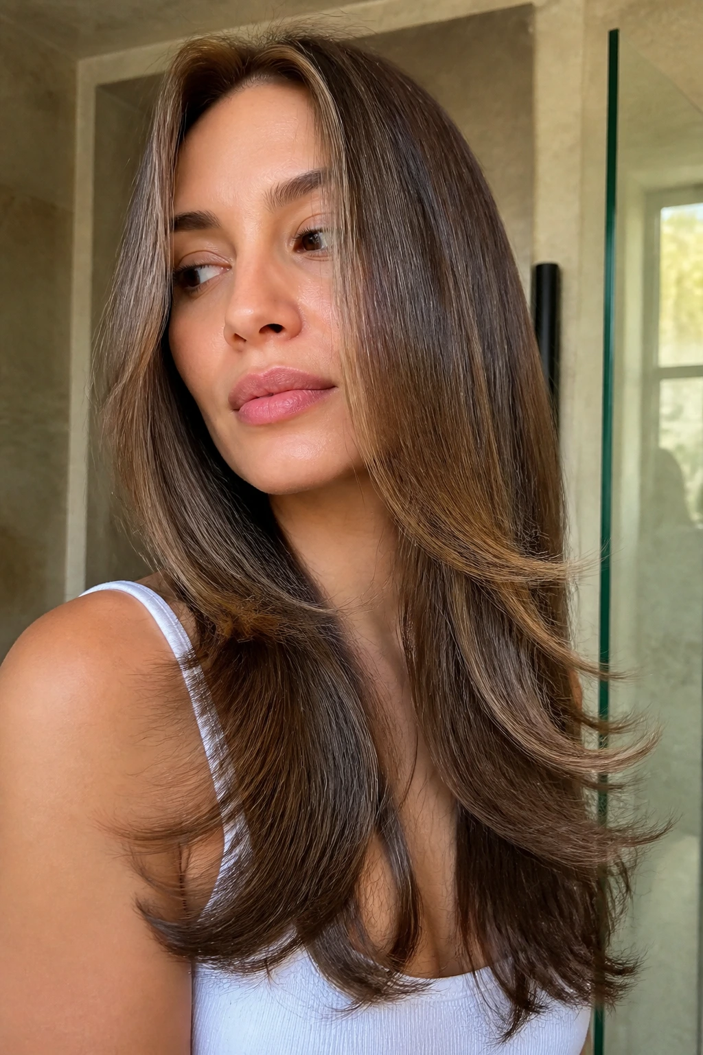 Close-up of a woman's long straight hair with feathered ends in warm bathroom lighting