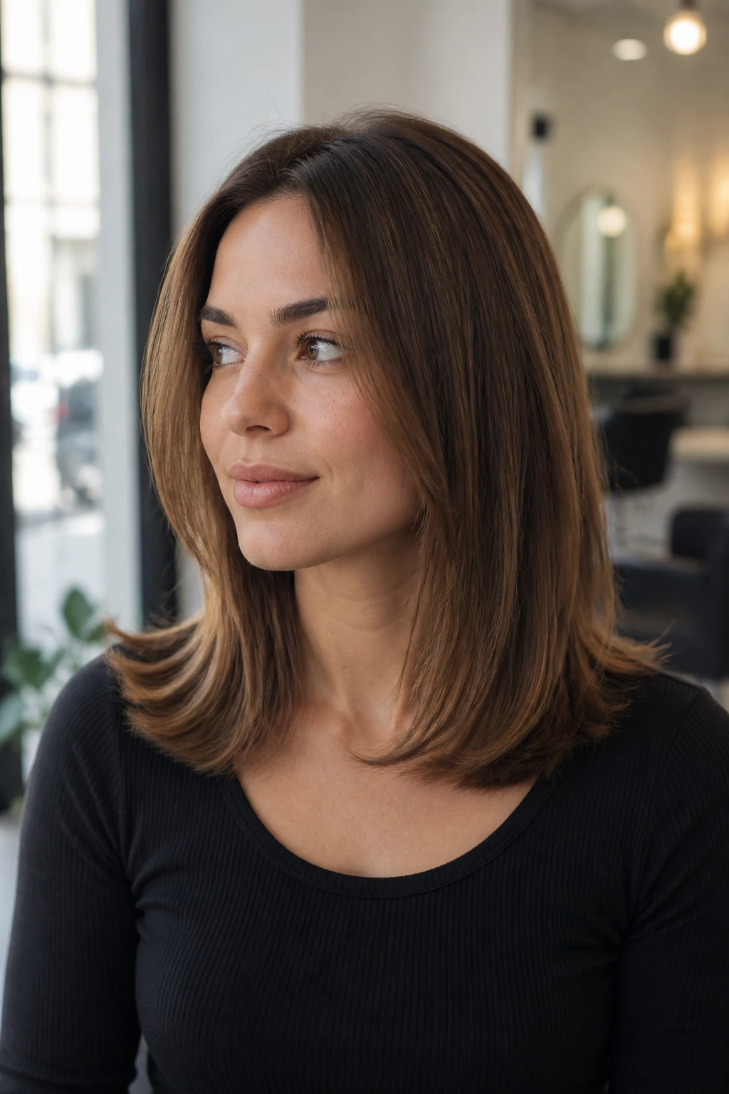 Close-up portrait of a woman with feathered ends on medium-length straight hair in warm salon light