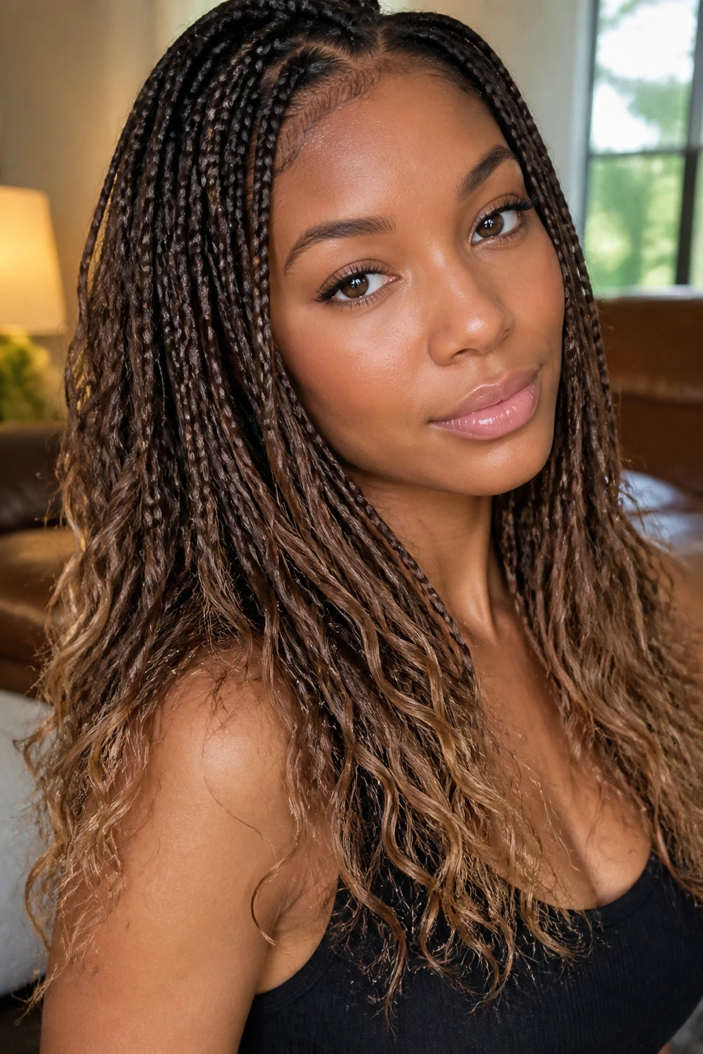 Portrait of a person with knotless braids and feathered ends