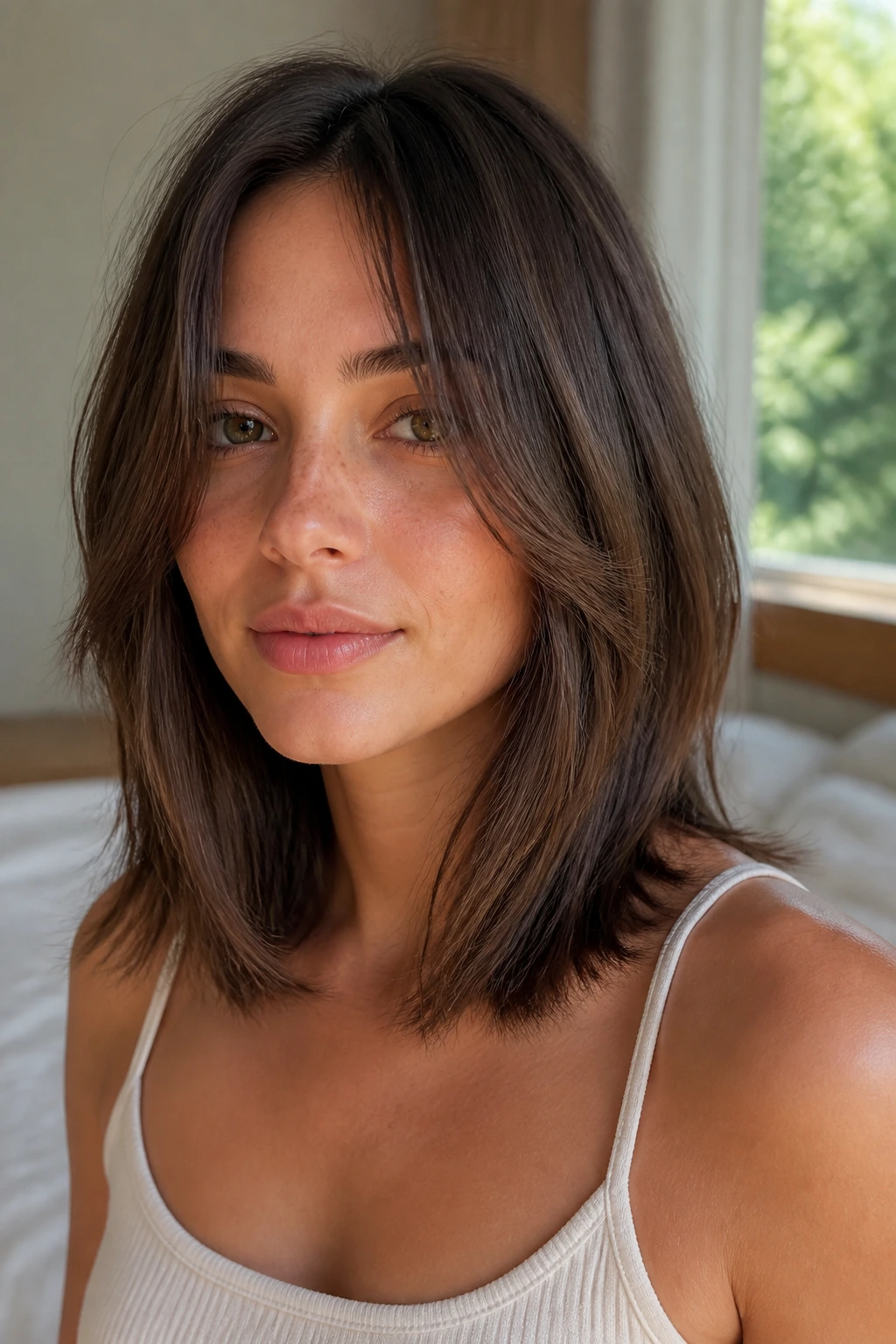 Close-up of a real woman with Feathered Ends Lob With a Softer Finish; tapered feathered tips