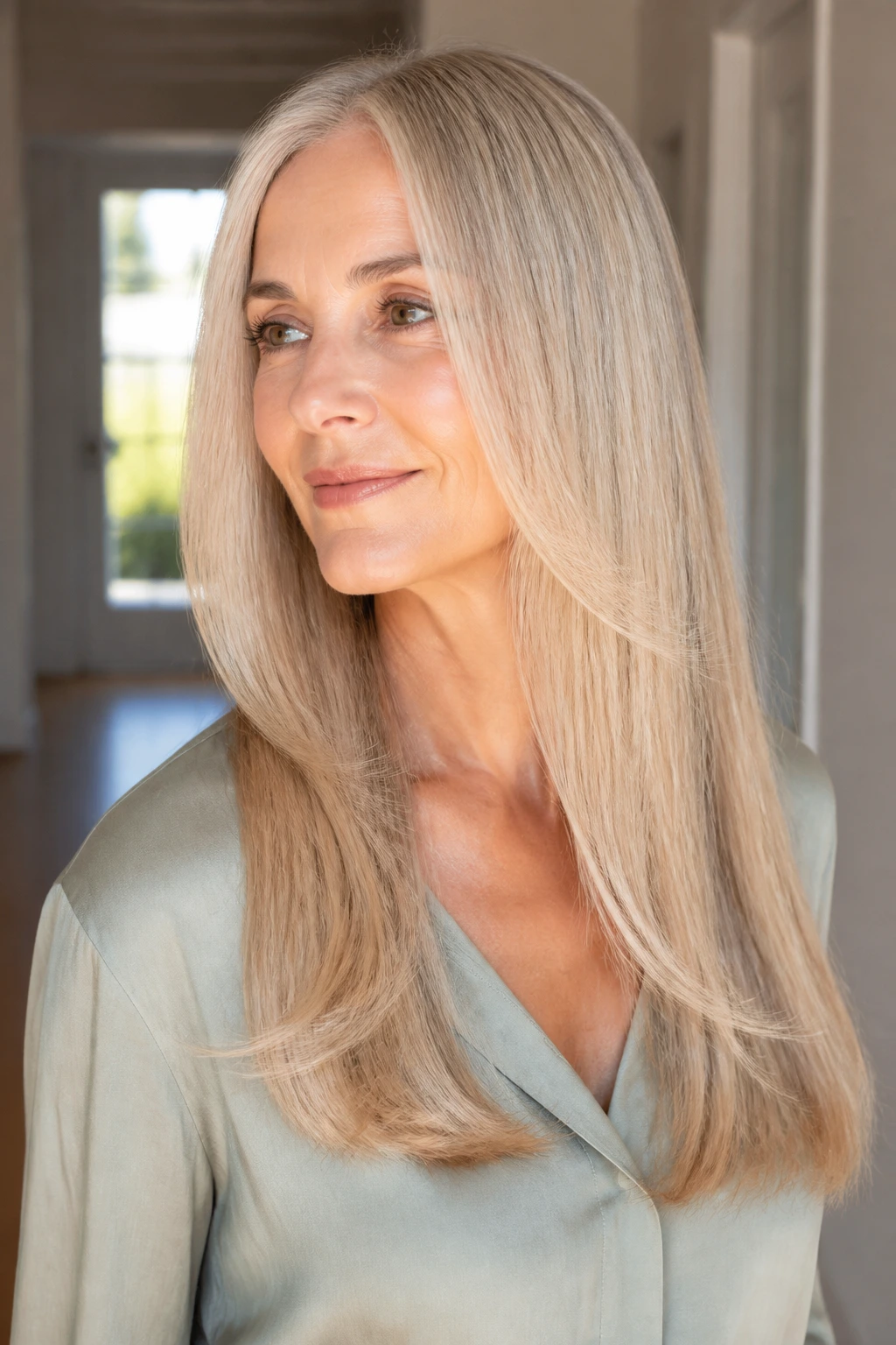 Close-up portrait of a real woman with subtle feathered ends on straight hair