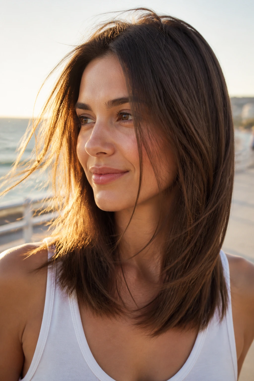 Real woman with feathered ends showing movement in hair at golden hour by the sea.