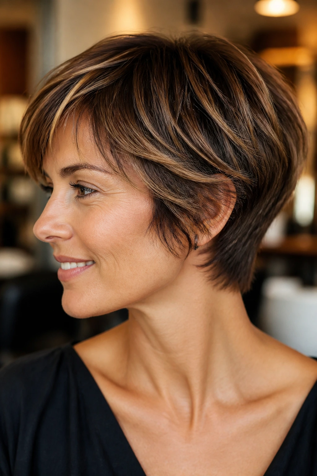 Real person showing feathered ends pixie bob with soft taper and movement