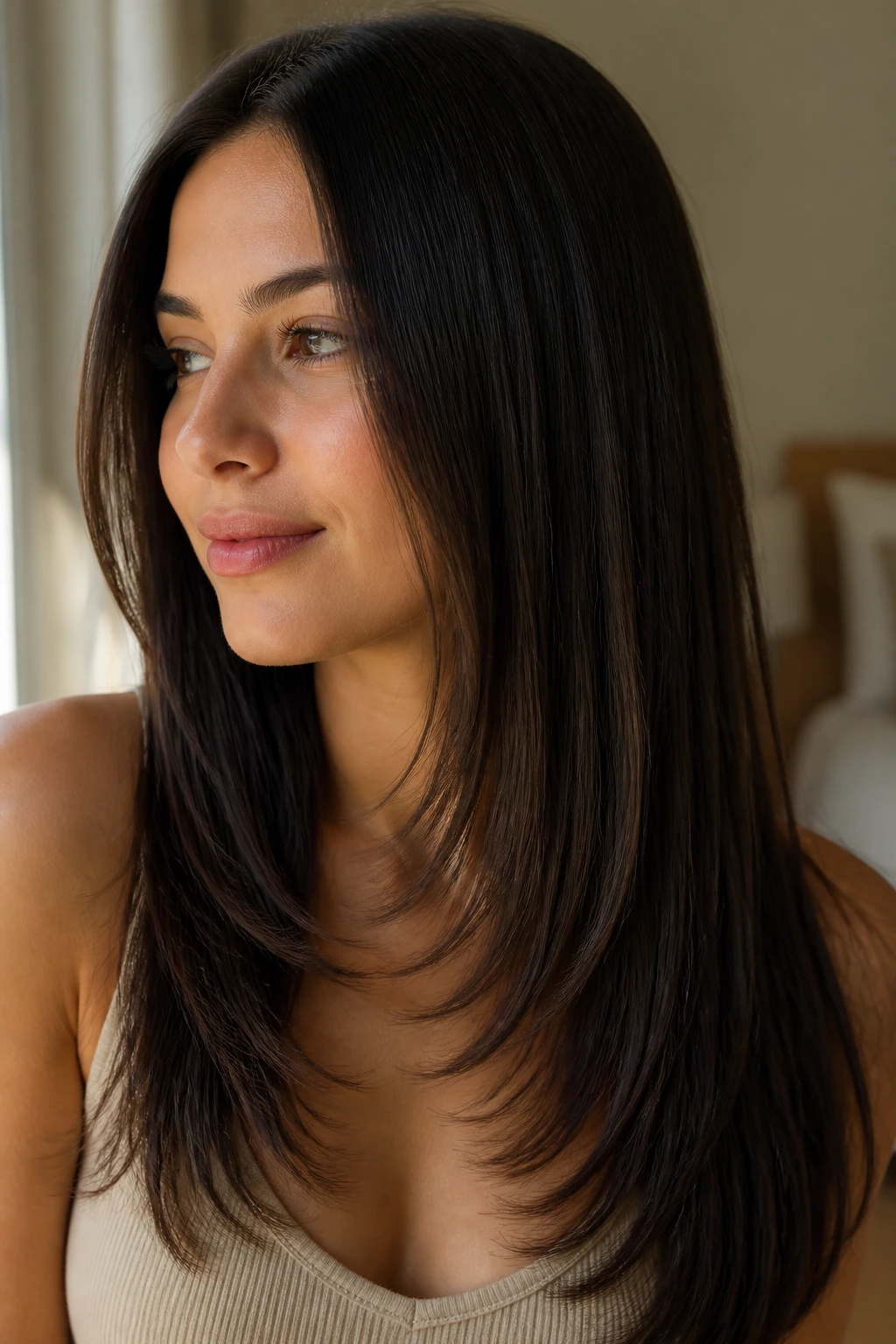 Close-up of a real person with feathered straight ends on thick hair.