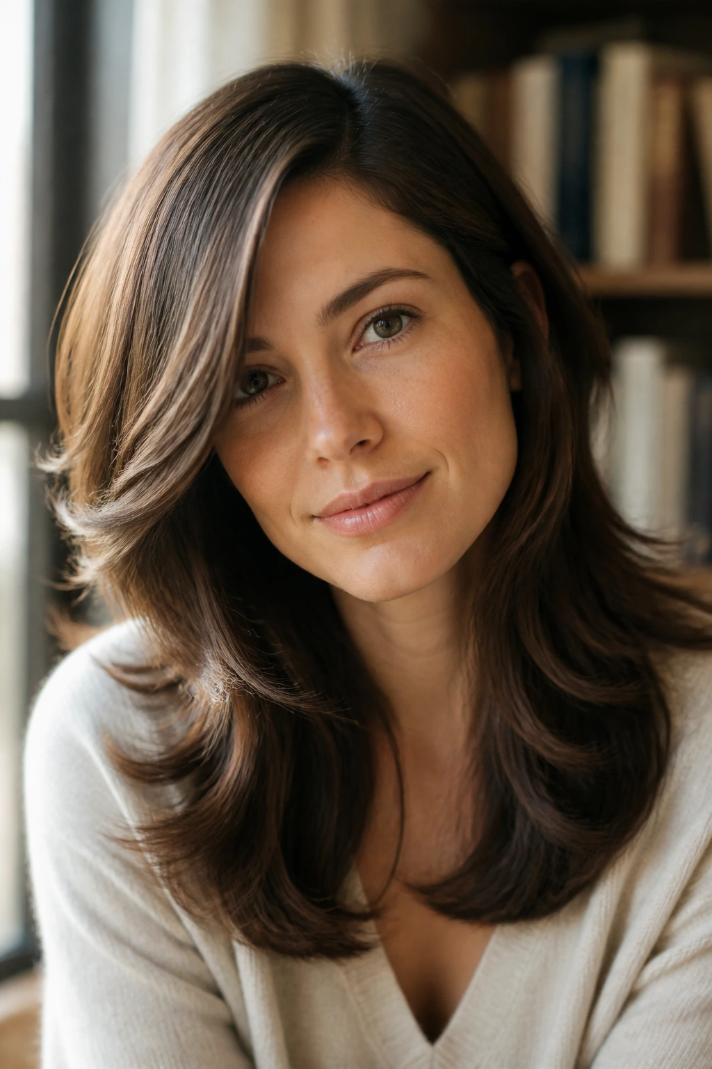 Woman with feathered ends and side part in natural light