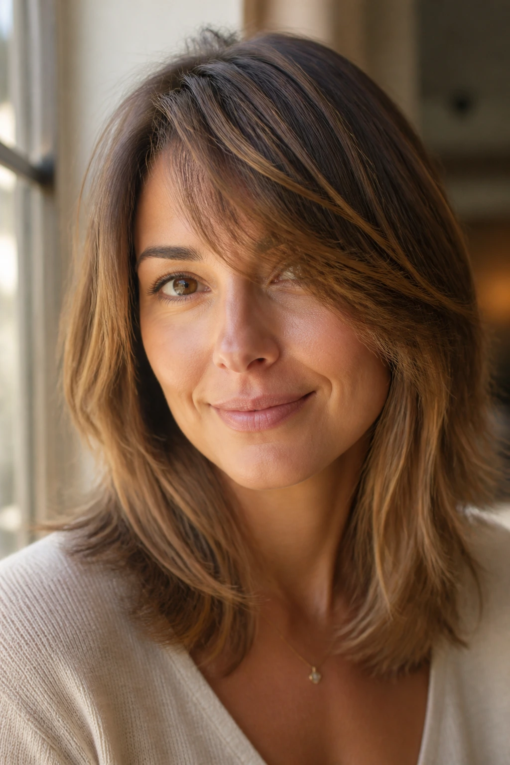 Real woman with feathered ends and diagonal side-swept fringe