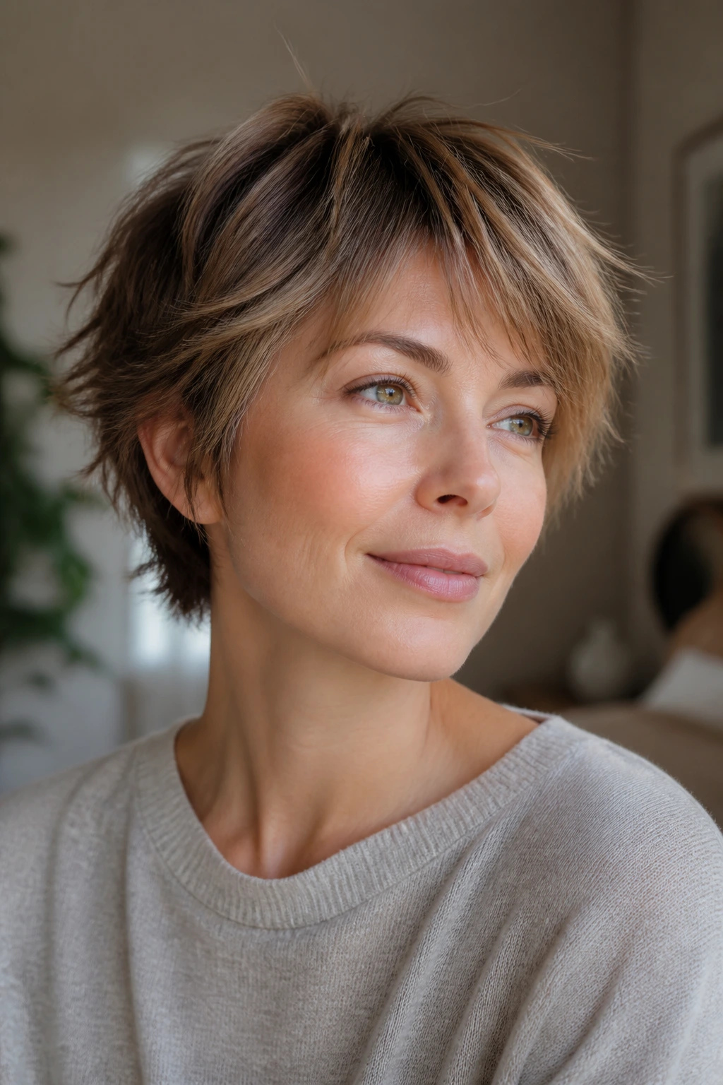 Portrait of a woman with feathered ends styled softly in natural light