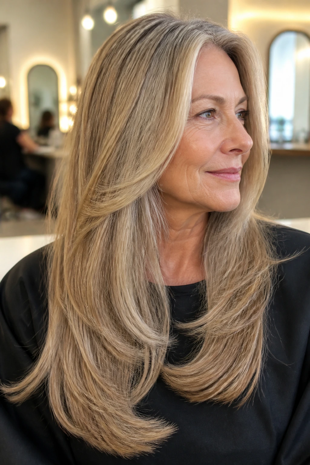 Portrait of a real woman with thick straight hair and feathered ends