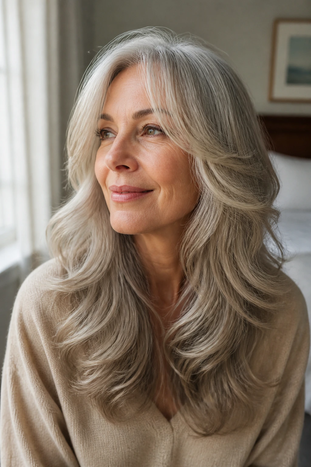 Older woman with feathered ends creating airy movement in hair.