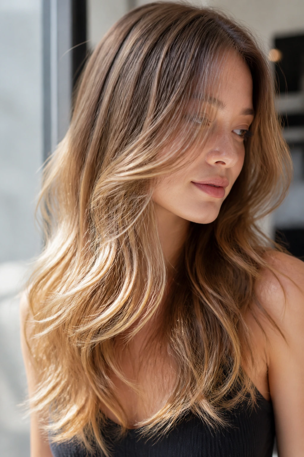 Close-up of long thin hair with feathered ends and wave pattern on a real person