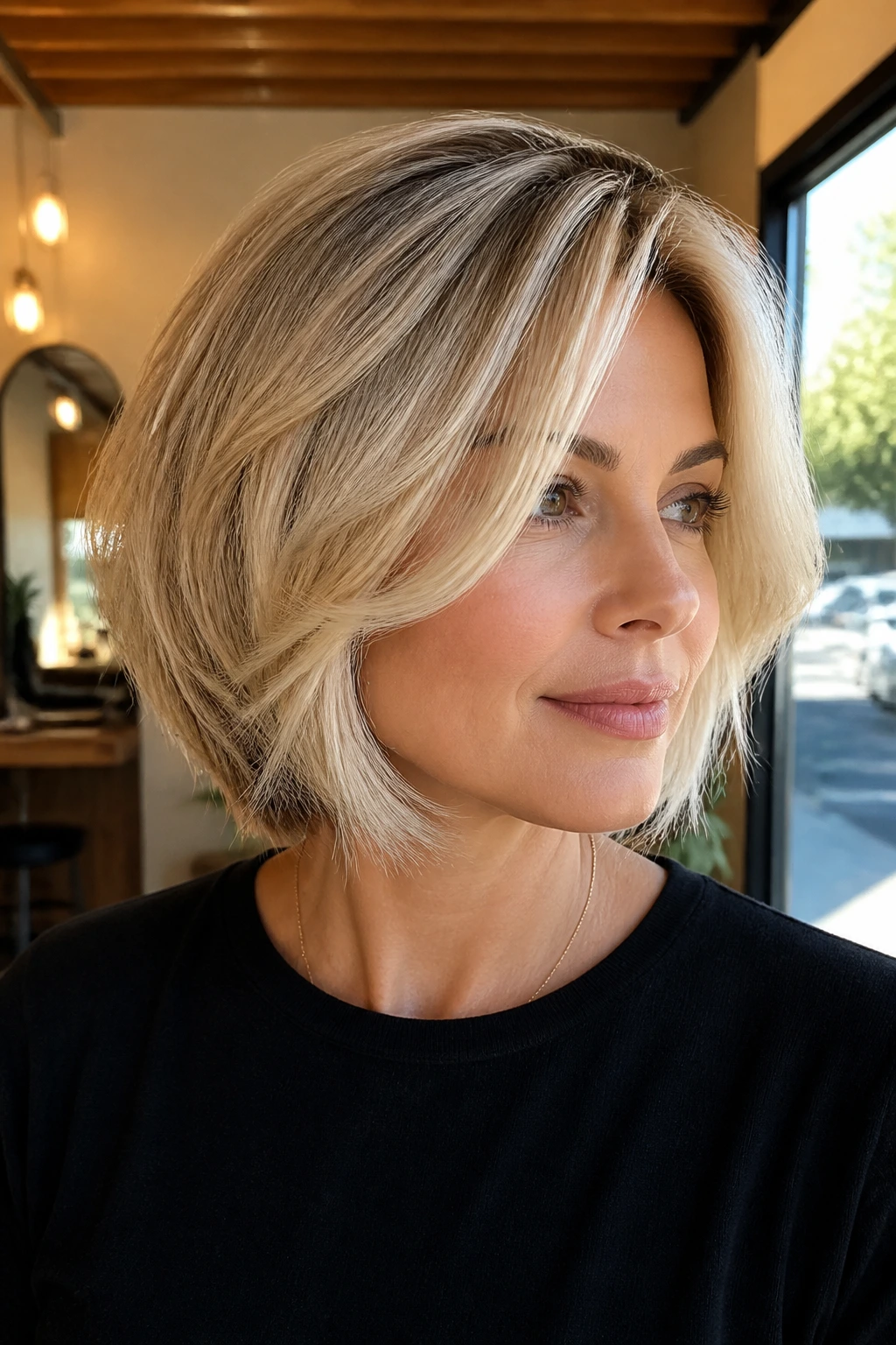Close-up of a real woman with feathered face framing on a layered bob in a salon