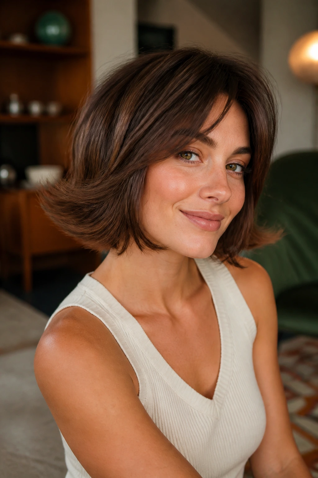 Close-up portrait of a woman with a feathered flip bob in a retro-inspired living room.