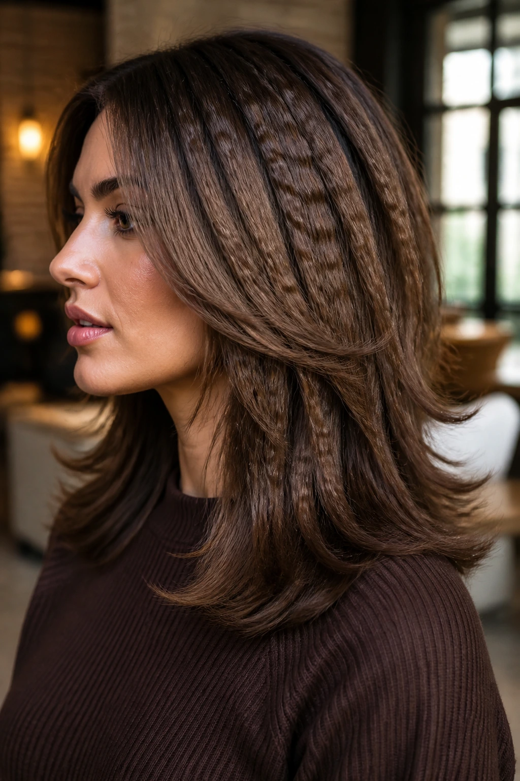 Feathered flip crimp layers on real woman with outwardly flipped ends