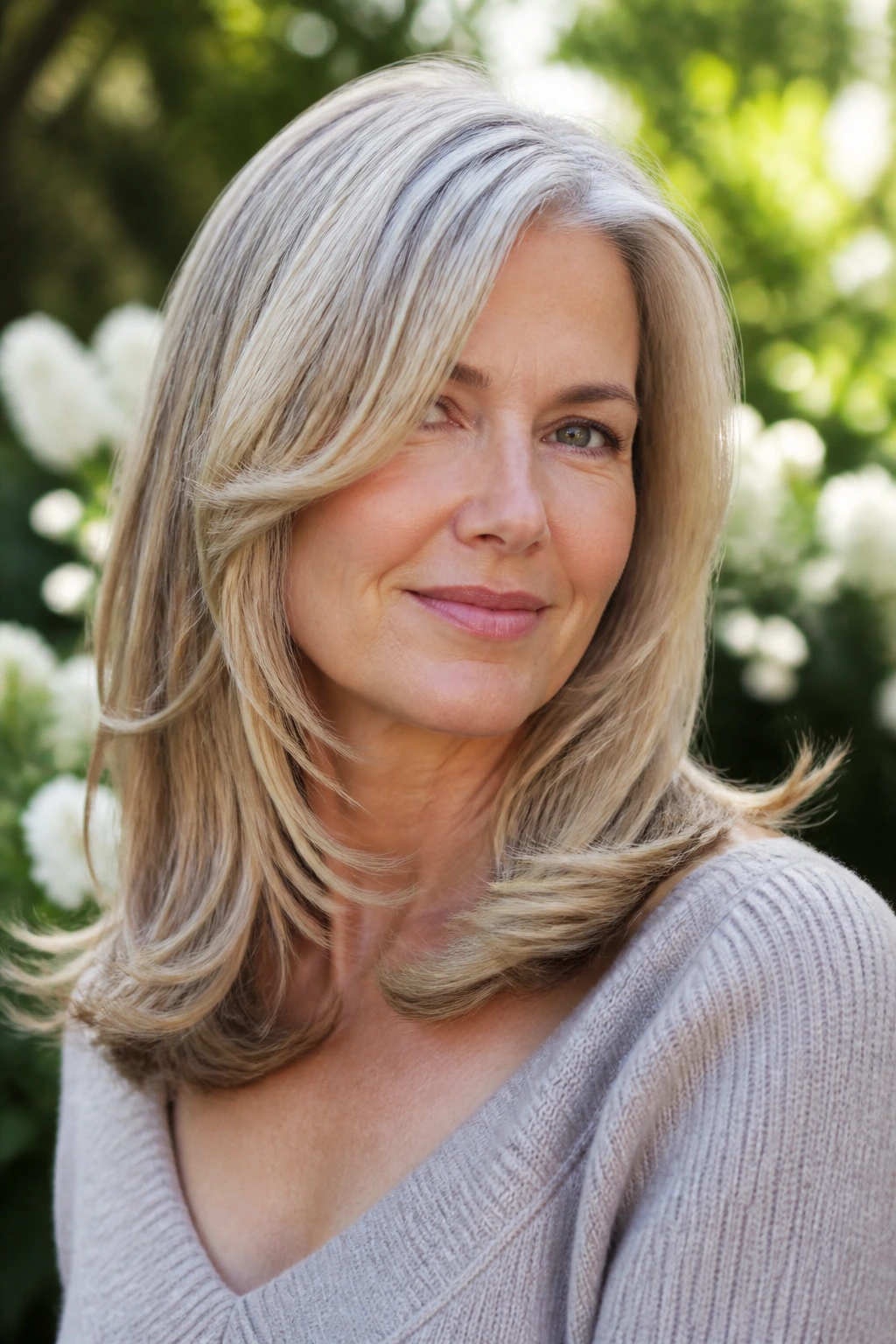 Real woman with feathered flip ends on long hair in an outdoor setting.