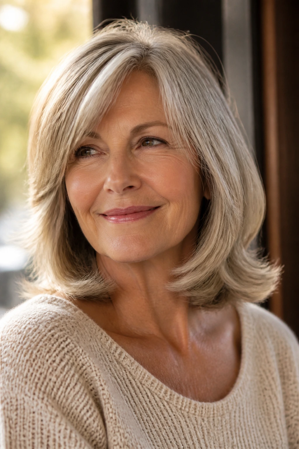 Close-up portrait of a real woman with feathered shoulder-length flip hairstyle
