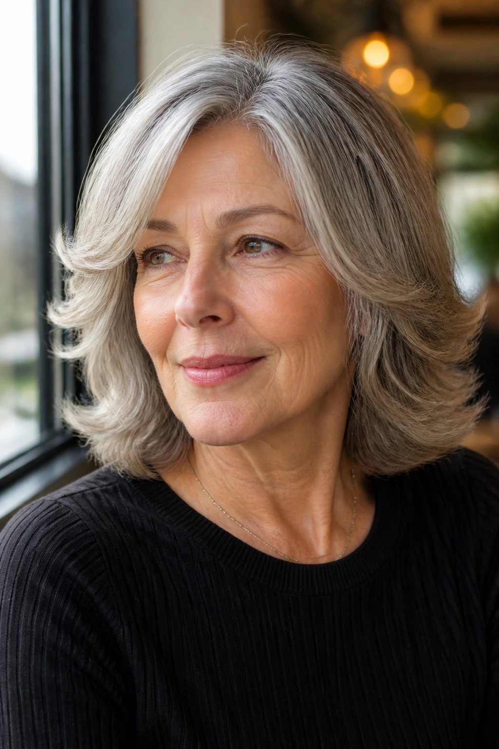 Close-up of a real woman with a feathered flip hairstyle in natural light.