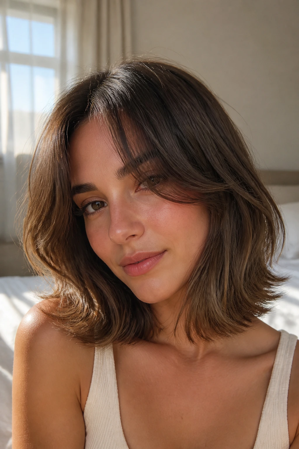 Close-up of a real woman with a feathered flip lob hairstyle in soft natural light