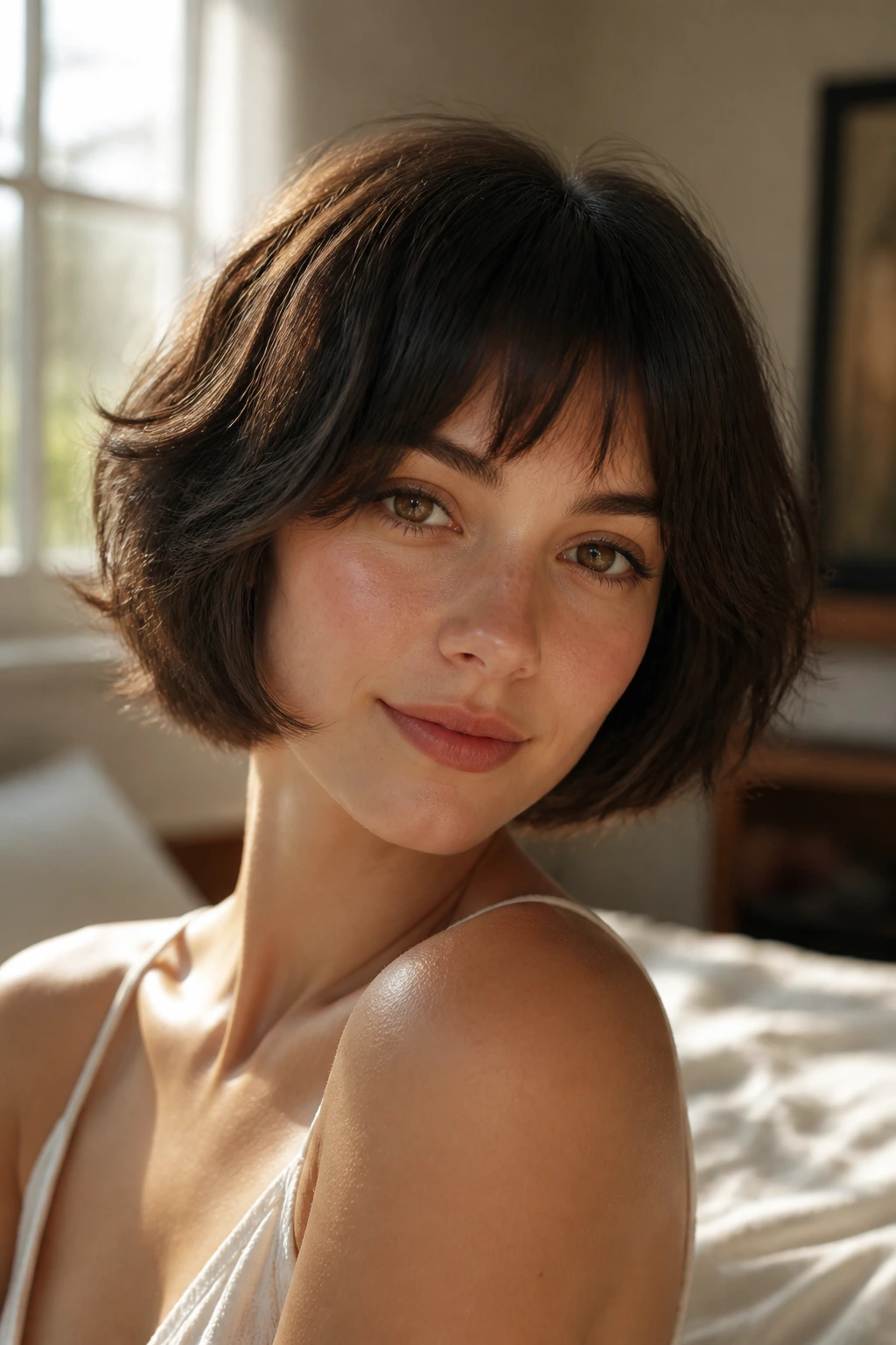 Close-up of a real woman with a feathered French Bob featuring a jaw-length perimeter and soft fringe in warm window light