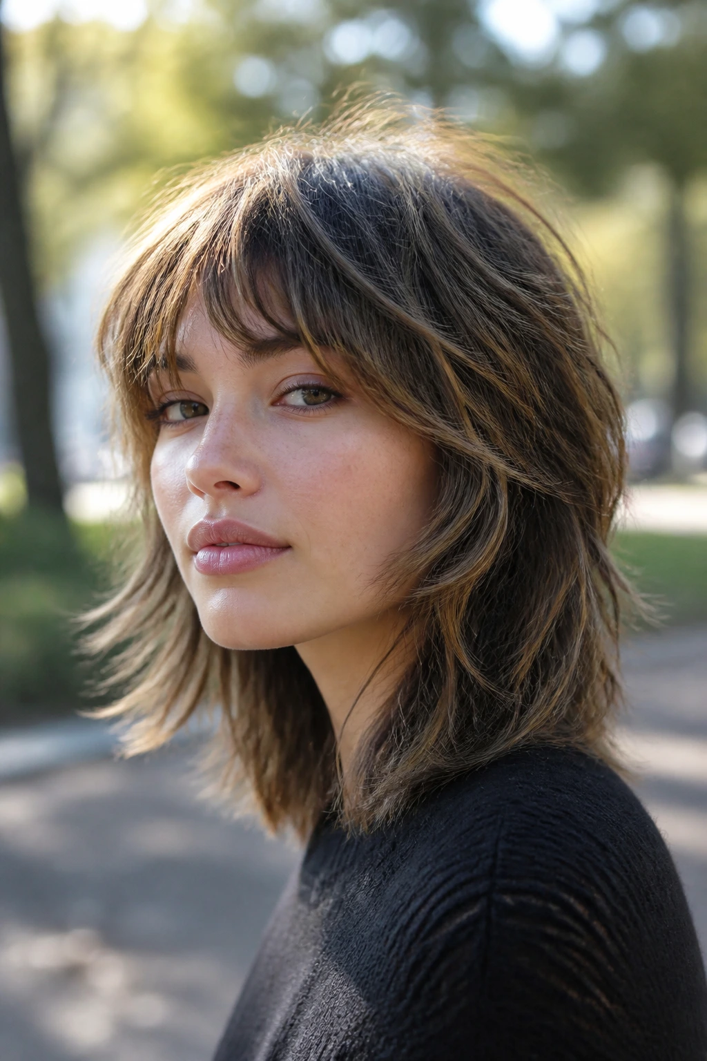Close-up of a woman with feathered French shag and face-framing layers