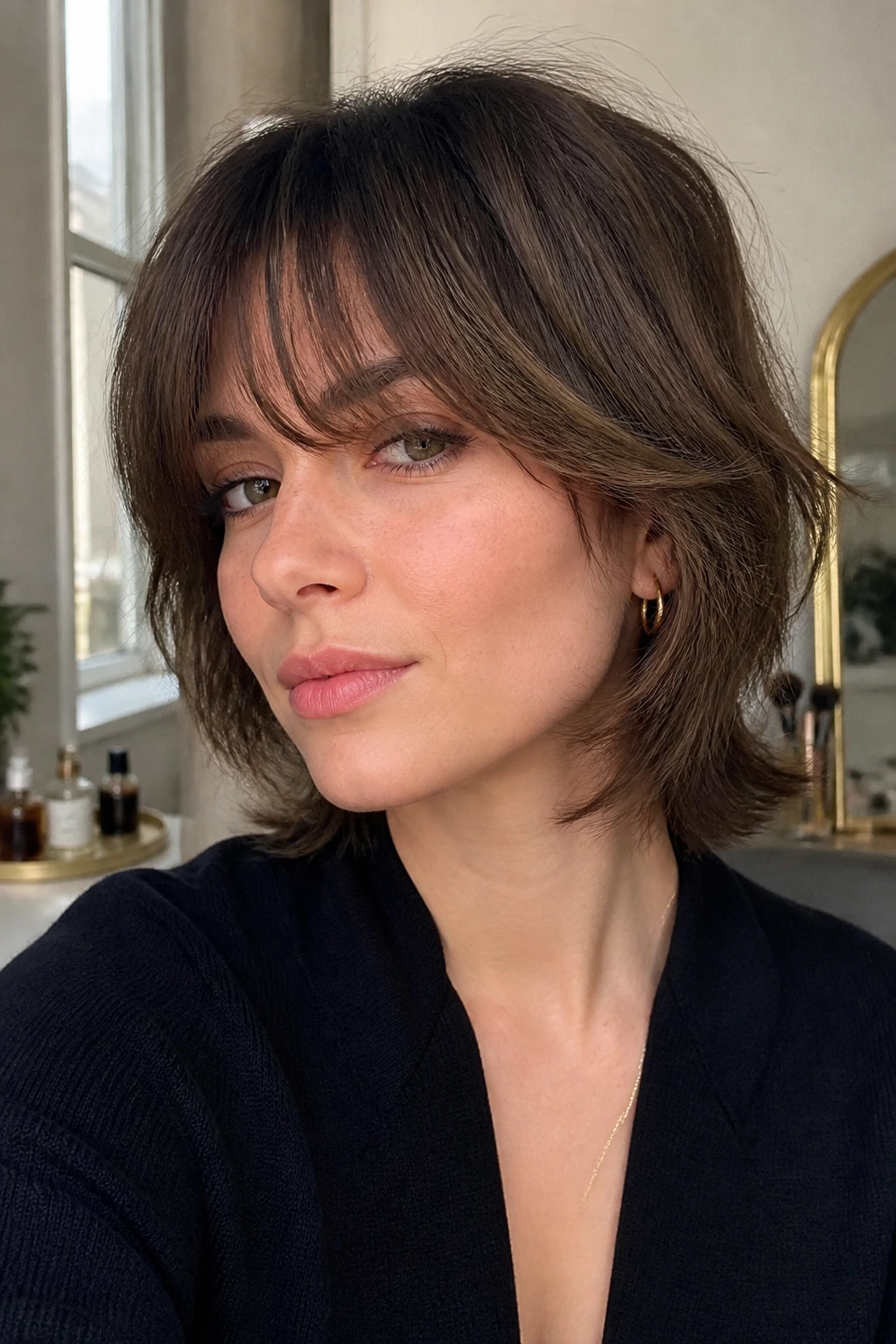 Portrait of a person with feathered French shag around jaw length.