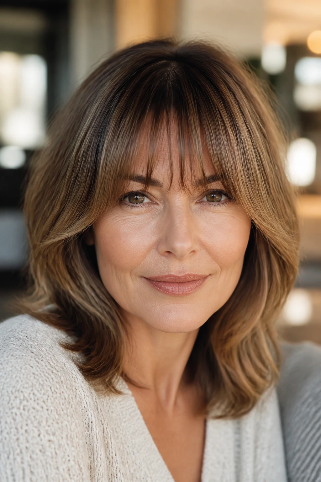 Portrait of a woman with brow-skimming feathered fringe