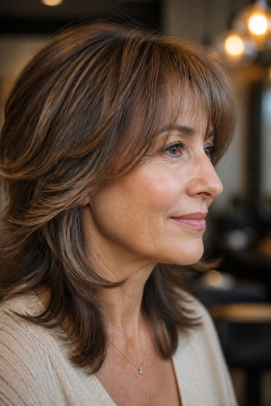 Profile view of a woman with feathered fringe in a warm indoor setting