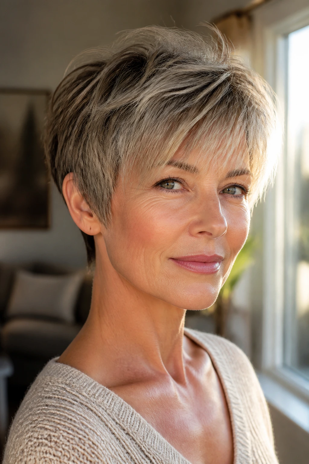 Close-up of a real woman with a feathered crop and wispy fringe on thick hair.